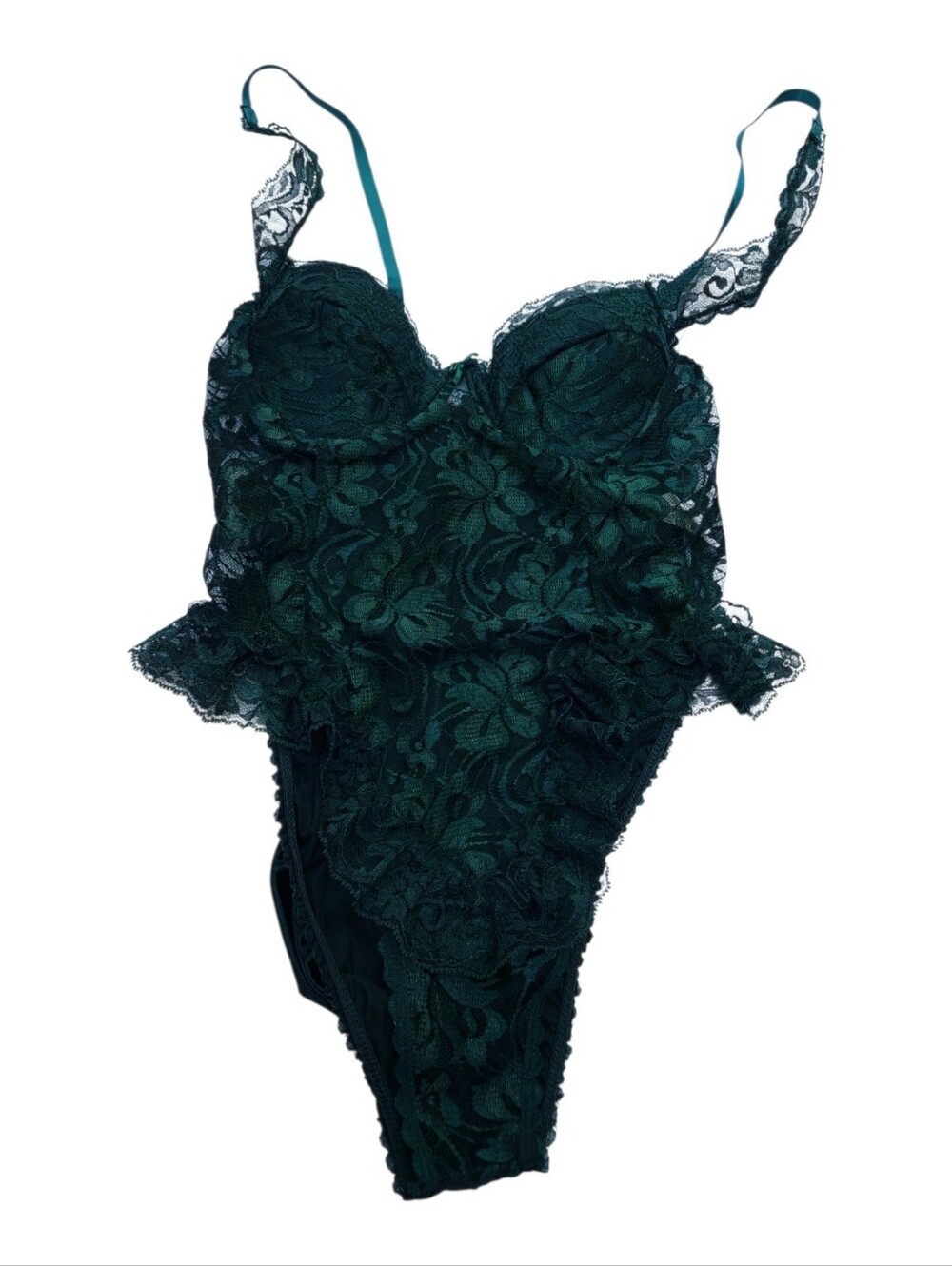 Vintage Emerald Green Lace Teddy Lingerie Size Small/XS Whimsigoth Vampy Ruffles